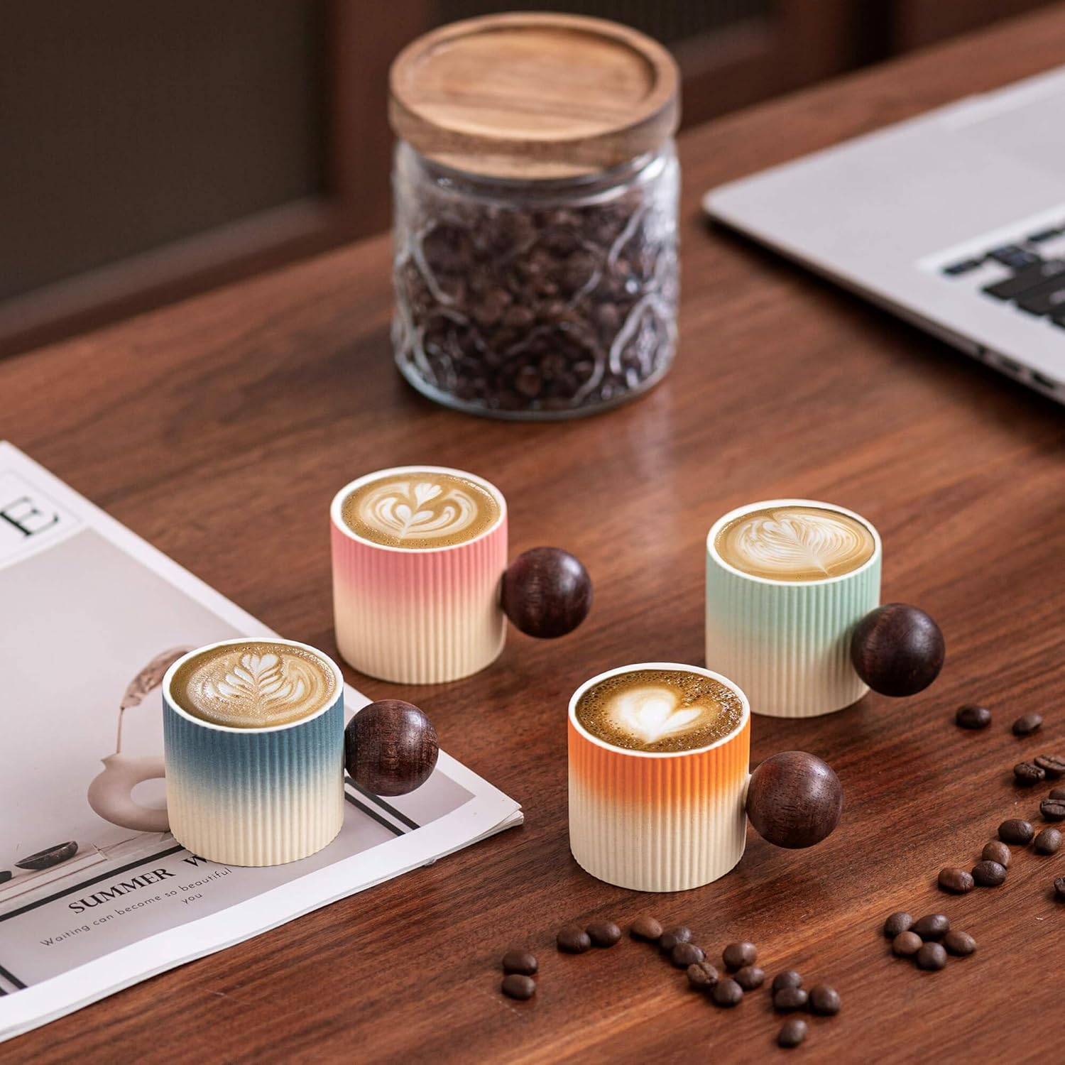 Ceramic Mini Espresso Cups Demitasse Cups with Round Wooden Handle Vertical Stripes Tea Cups (Beige&Orange, 2pcs)