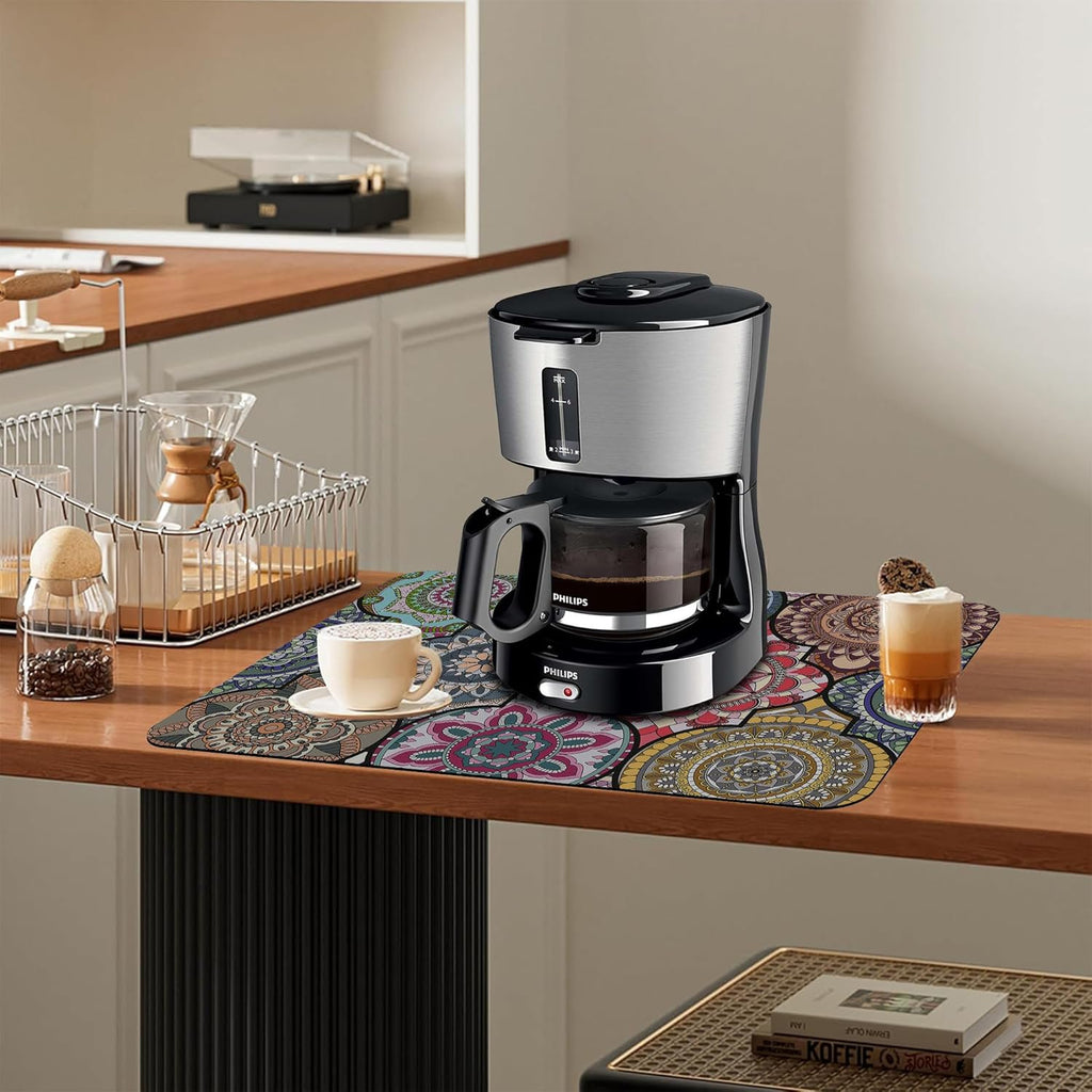 Dish Drying Mat Bohemia Vintage Decorative Pattern Kitchen Mat 12"x19" Bsorbent Coffee Maker Mat for Dishes,Utensils Coffee Maker Pots and Pans Easy Clean Dish Slip Resistant Pad