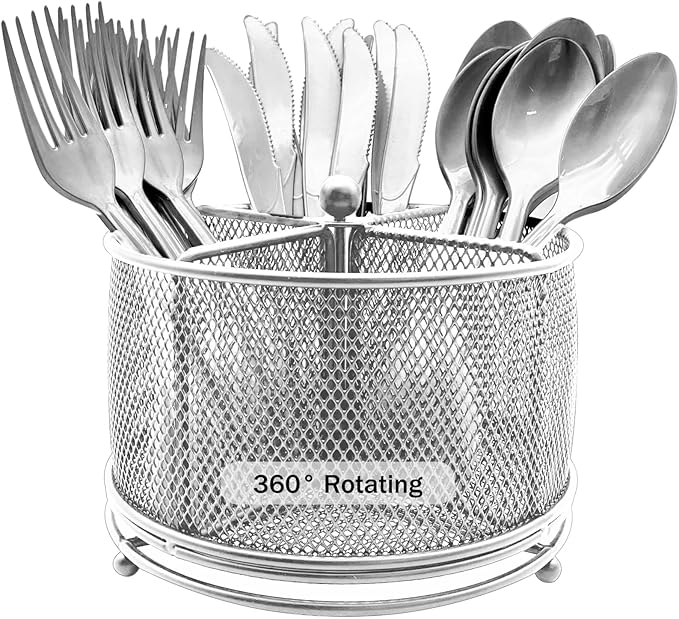 360° Rotating Metal Utensil Caddy - 4 Compartment Silverware Cutlery Holder Rotation Fork Spoon Napkin Organizer Flatware Storage Basket Party Countertop Buffet Picnic Camping Outdoor Silver