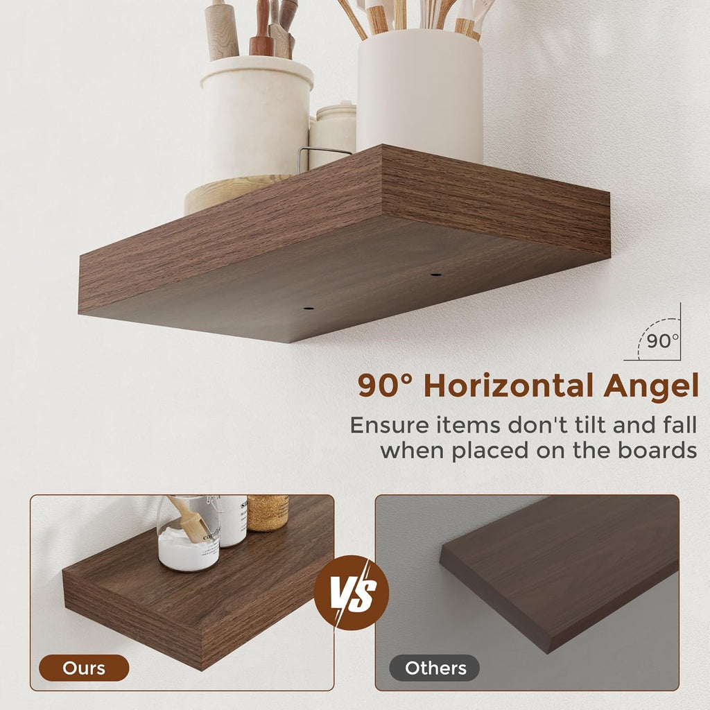 Heimlove 16 Inch Floating Shelves for Wall Walnut Shelves Set of 2,Wall Mounted Rustic Wood 8 Inch Deep Floating Shelf with Invisible Brackets for Bedroom Kitchen Living Room