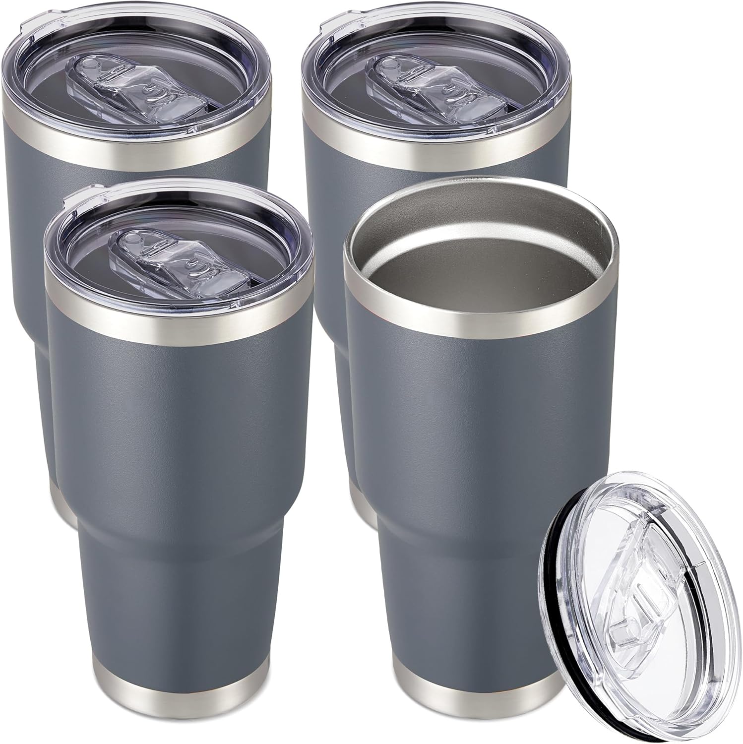 30 oz Tumbler with Lid Stainless Steel Tumblers Bulk Vacuum Insulated Cup Reusable Powder Coated Travel Mug Double Wall Leak Proof Cups Keep Cold Drinks for 12 Hours Gray, Set of 4