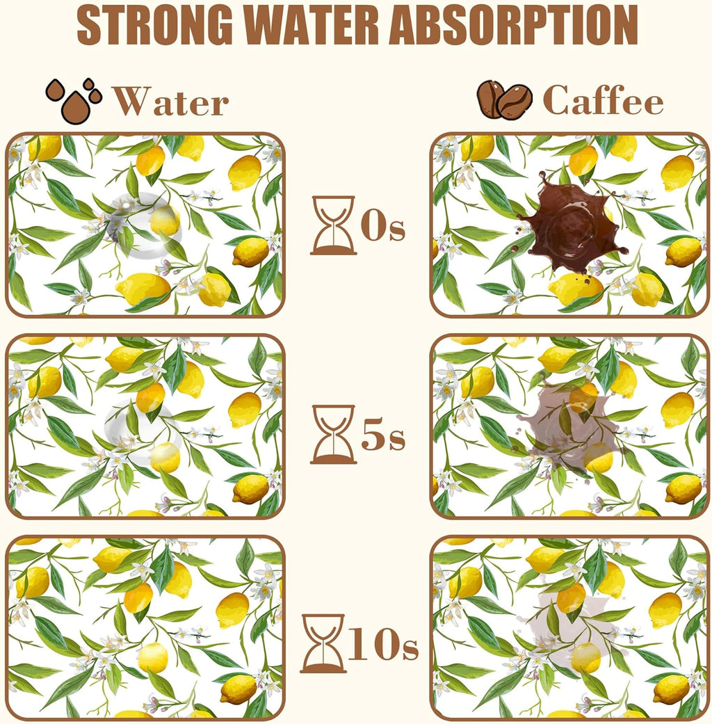 Lemon Fruits Coffee Mat Absorbent Dish Drying Mat for Kitchen Counter Hide Stain Rubber Backed Coffee Bar Accessories Fit Under Espresso Machine, 15.7 x 23.6 Inch