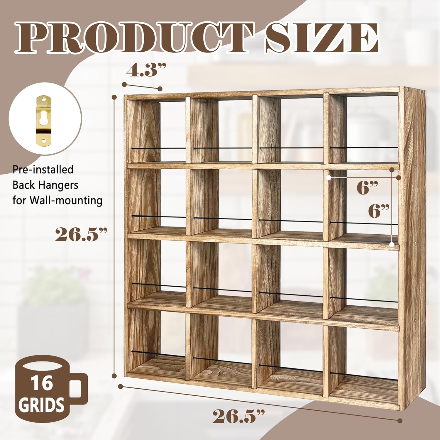 Montex Coffee Mug Holder, Mug Rack Wall Mounted, 3 Tier Coffee Mug Shelf, Rustic Coffee Mug Display Rack for Kitchen, Home, Coffee Bar(16 Grids)