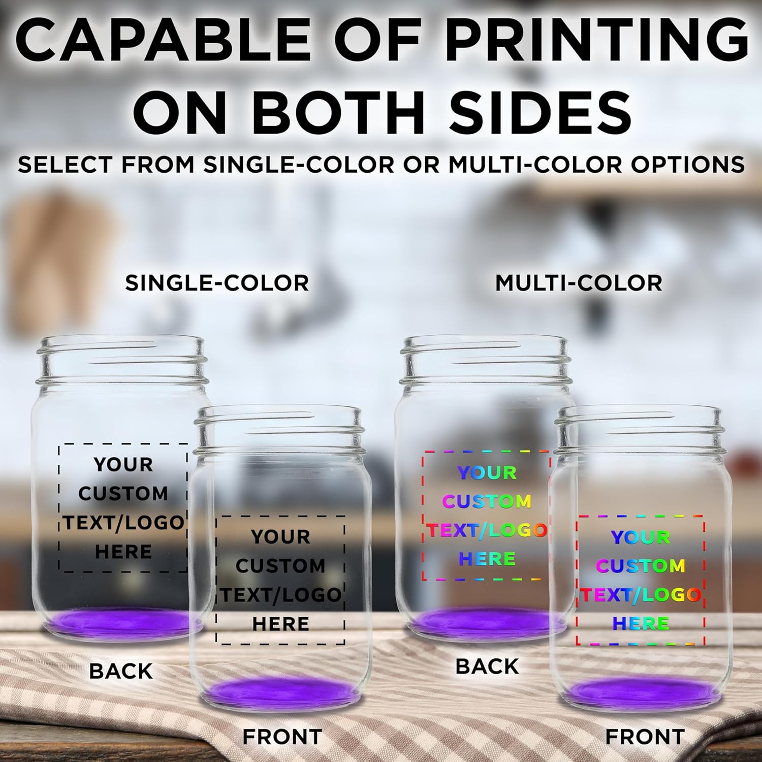 DISCOUNT PROMOS Custom Decorating Mason Jars 12 oz. Set of 100, Personalized Bulk Pack - Glass Jars for Overnight Oats, Candies, Fruits, Pickles, Spices, Beverages - Purple