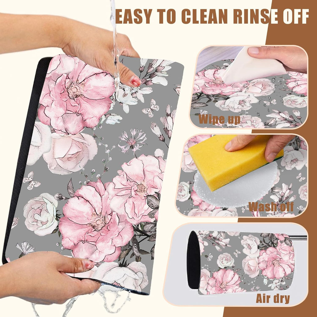 Pink Flowers and Leaves Coffee Mat Absorbent Dish Drying Mat for Kitchen Counter Hide Stain Rubber Backed Coffee Bar Accessories Fit Under Espresso Machine Dish Drainer, 15.7 x 23.6 Inch