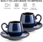 LYEOBOH 3 Ounce Espresso Cups Set of 6, Ceramic Small Coffee Cups with Saucers, Cute Demitasse Cups and Metal Stand with Spoons for Great Gift, Mini Cafe Cup for Espresso, Mocha, Tea - Cobalt Blue