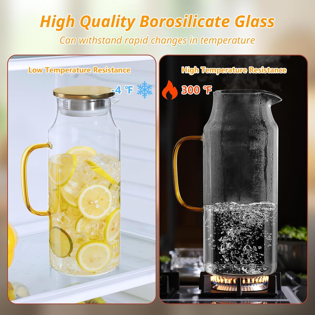 2 Liter 68 oz Glass Pitcher with Lid and Spout, Gold Glass Water Pitcher for Fridge, Glass Carafe for Hot/Cold Water, Large Jug for Iced Tea, Coffee, Juice and Homemade Beverage