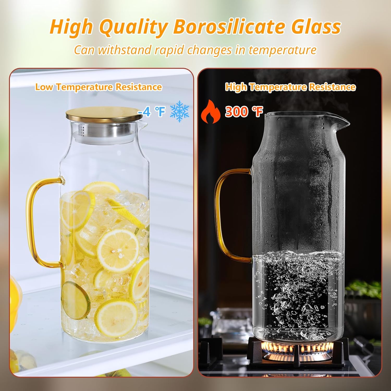 2 Liter 68 oz Glass Pitcher with Lid and Spout, Gold Glass Water Pitcher for Fridge, Glass Carafe for Hot/Cold Water, Large Jug for Iced Tea, Coffee, Juice and Homemade Beverage