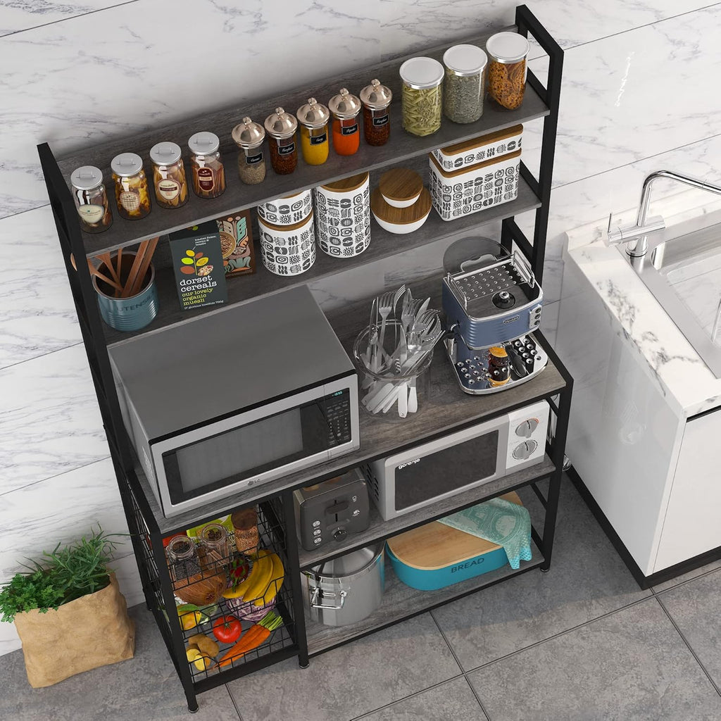 Kitchen Bakers Rack with Baskets,Free Standing Shelf,5-Tier Kitchen Utility Storage Shelf with Hooks, Microwave Oven Stand Rack Grey