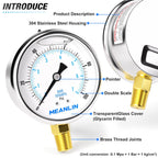 MEANLIN MEASURE 0~100Psi Stainless Steel 1/4" NPT 2.5" FACE DIAL,Liquid Filled Pressure Gauge,WOG Water Oil Air Lower Mount (Pack of 2), with 1/2" NPT and 3/8" NPT Hex Bushing