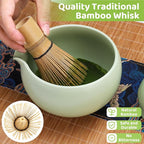 HengLiSam 8PCS Matcha Whisk Set, Ceramic Matcha Kit Set, Japanese Tea Ceremony Tools with Matcha Bowl, Bamboo Whisk, Holder, Sifter, Scoop, Tea Cloth, Spoon and Scoop Stand (Green)