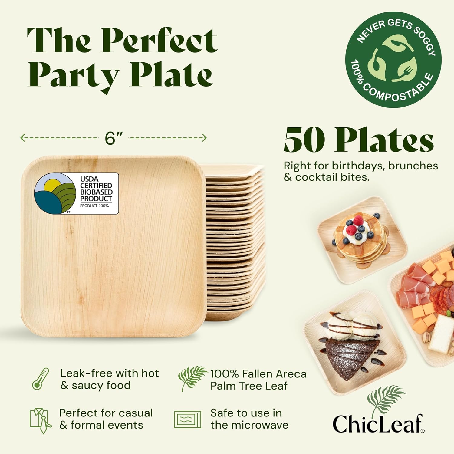 Chic Leaf Palm Leaf Compostable Plates - 6" Square, Pack of 50 - Disposable Dinnerware - Rustic Bamboo Appetizer Plates - Charcuterie Boards & Biodegradable Serviceware