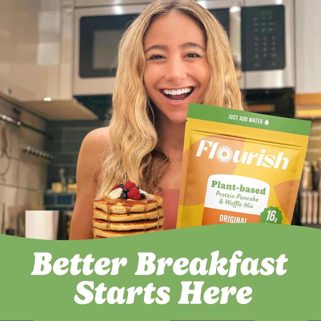 Flourish Plant-Based Protein Pancake & Waffle Mix, Gluten-Free, Dairy-Free, Nut-Free, Soy-Free, Vegan, Non-GMO, All-Natural Superfood, High Protein & Fiber, Just Add Water - Original, 430 g (2 Pack)