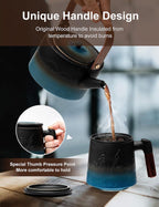 suyika Ceramic Tea Cup with Infuser and Lid, Gradient Embossed Large Tea Mug Wooden Handle for Steeping Loose Leaf, Tea Lover Gifts 15.2 oz / 450 ml,Black & Cyan