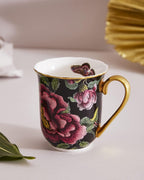Spode Creatures of Curiosity 12oz Fine China Mug, Black Floral Pattern - Porcelain Tea & Coffee Cup with 22ct Gold Handle and Rim - Elegant Vintage Inspired Drinkware, Boxed for Gifting