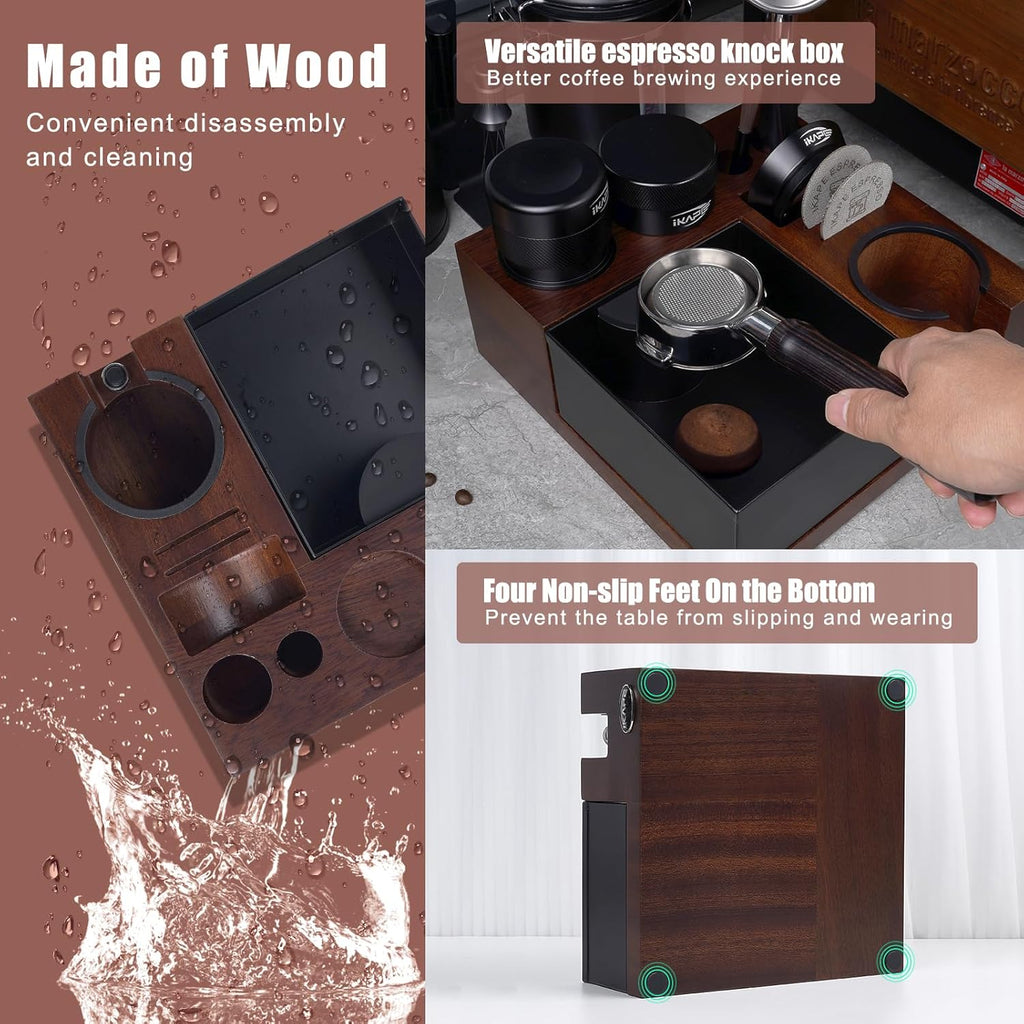 IKAPE V5 Espresso Knock Box, Espresso Coffee Organizer Box Fit for Storage 51, 54, 58MM Espresso Tamper, Distributor, Portafilter & Puck Screen Accessories, Natural Sandywood Station Base(9 IN One)