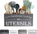 Kitchen Utensil Holder,Farmhouse Wooden Utensil Holder For Kitchen Counter,Extra Large Cooking Spatula Organizer,Big Storage With 4 Compartments Flatware Spoon Tool Cutlery（Grey）