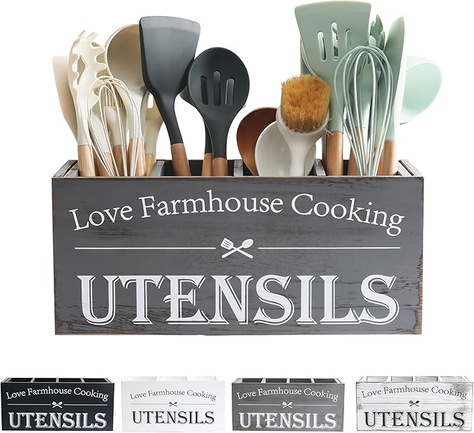 Kitchen Utensil Holder,Farmhouse Wooden Utensil Holder For Kitchen Counter,Extra Large Cooking Spatula Organizer,Big Storage With 4 Compartments Flatware Spoon Tool Cutlery（Grey）