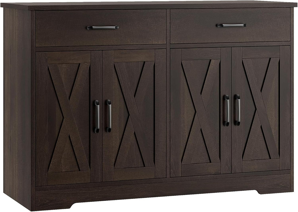 HOSTACK Buffet Cabinet with Storage, 47.2" Kitchen Sideboard Buffet with Drawers, Modern Farmhouse Coffee Bar Station with Shelves, Barn Doors Storage Cabinet for Living Room, Dark Brown