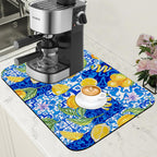 Lemon and Blue Tile Dish Drying Mat for Kitchen Counter Coffee Bar Mat Hide Stain Absorbent Rubber Backed Drying Rack Pad Espresso Machine Coffee Bar Accessories 11.8 x 19.7 Inch