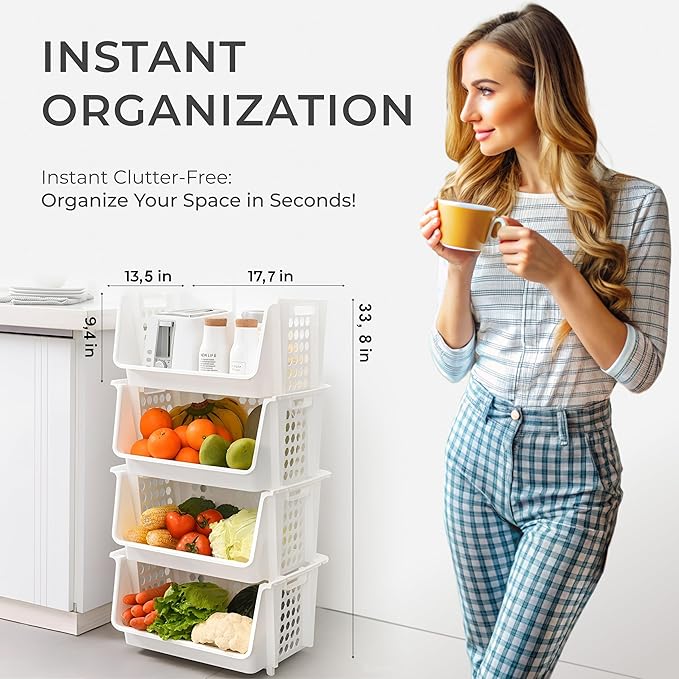 TidyFriend Large Stackable Storage Bins for Pantry - 4 Pack, Stackable Bins For Organizing Food, Kitchen, and Bathroom Essentials (White)