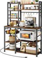 Baker Rack with Power Outlet - Microwave Stand with Storage, Large Coffee Bar Station with 14 Hooks, Metal Kitchen Shelf Rack for Spices, Pots (Rustic Brown)