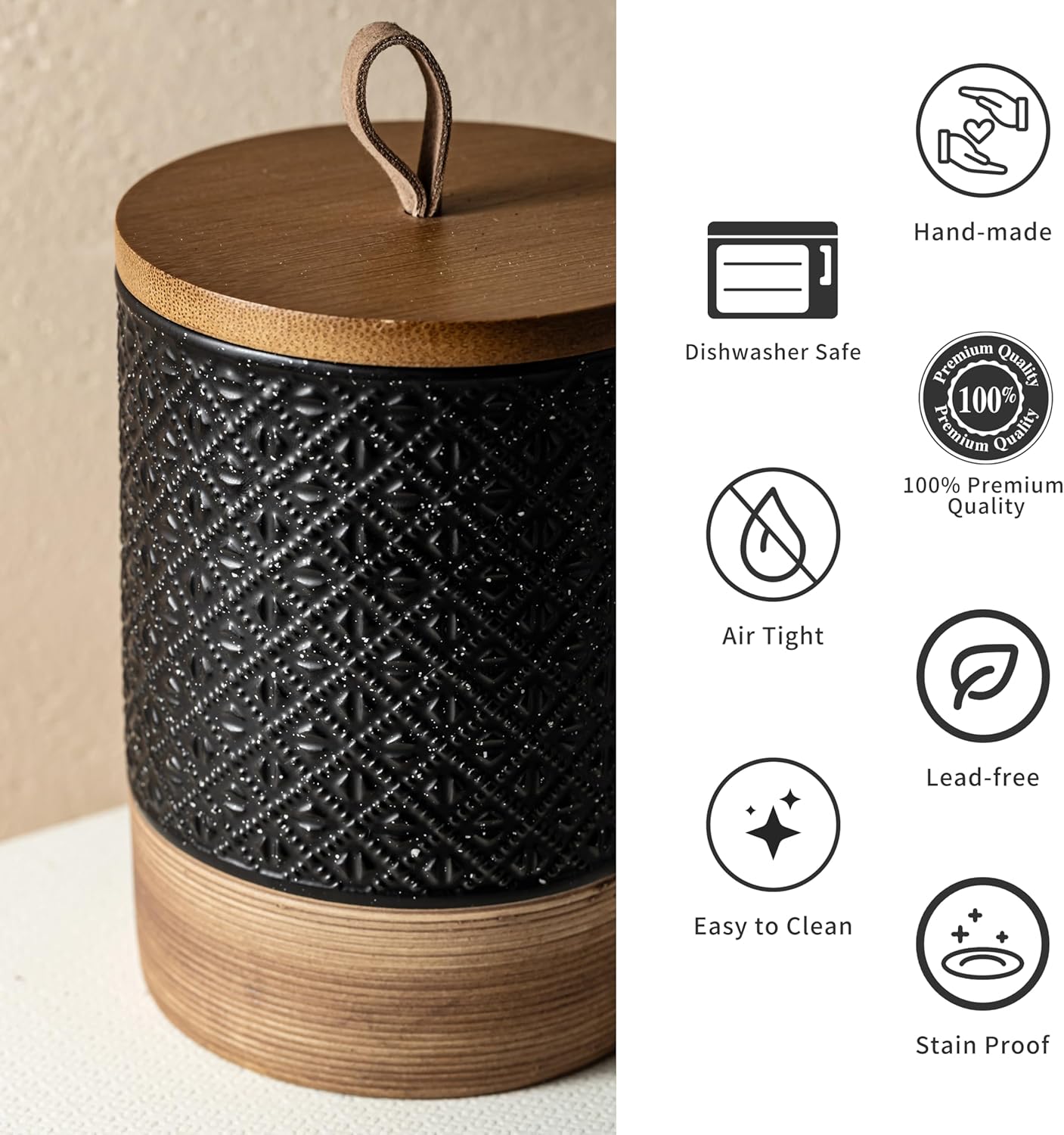 Large Jar with Lid, Ceramic Coffee Container with Airtight Lids, Food Storage Containers, Kitchen Canisters for Countertop Coffee Bar Accessories Weeding Gift - Black & 64 fl.oz