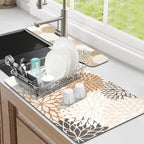 Findosom 2PCS 16" x 24" Dish Drying Mat & 24" x 5.5" Sink Splash Guard, Super Absorbent & Cuttable Dish Mat Drying Kitchen Mat with Brown Floral, Hide Stain Drying Mat for Kitchen Counter