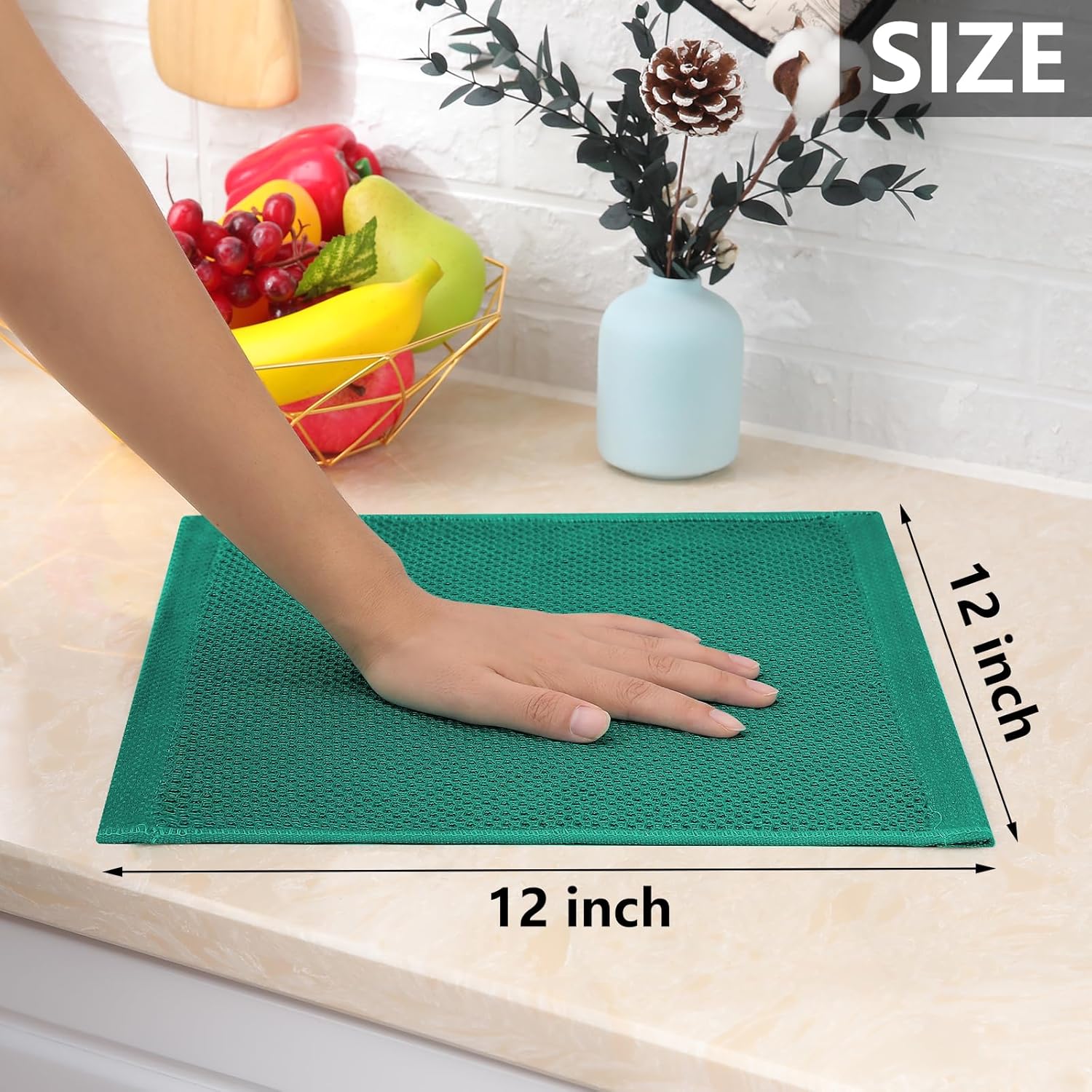 Homaxy 100% Cotton Waffle Weave Kitchen Dish Cloths, Ultra Soft Absorbent Quick Drying Dish Towels, 12 x 12 Inches, 6-Pack, Dark Green