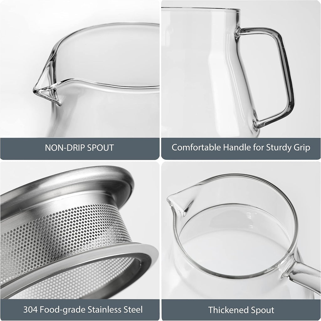CNGLASS One-Touch Glass Teapot with Stainless Steel Filter Lid,20oz(600ml) Glear Tea Kettle Stovetop Safe,Borosilicate Glass Tea Pots for Loose Leaf Tea