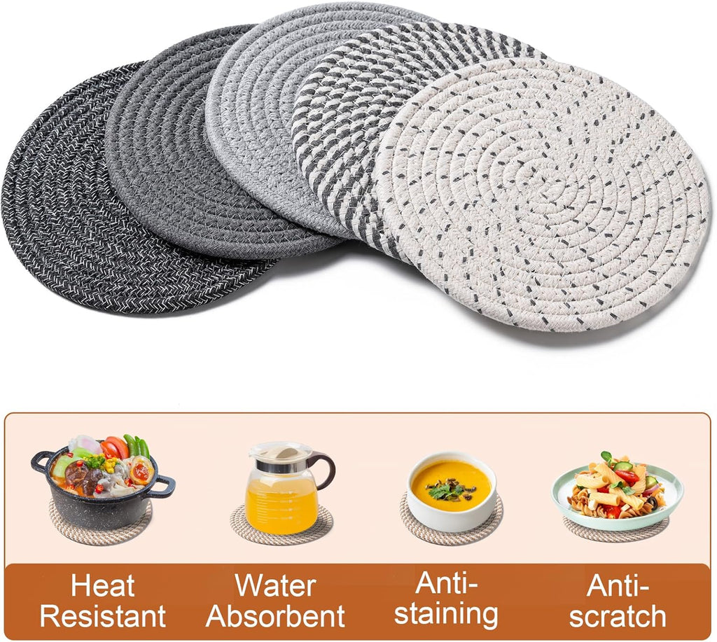 7 Inch Trivets for Hot Dishes, Pots and Pans, 5 Heat Resistant Pot Holders for Kitchen, Home Essentials, Hot Pads for Countertop and Table, Farmhouse Decor Vase Mats, Gray
