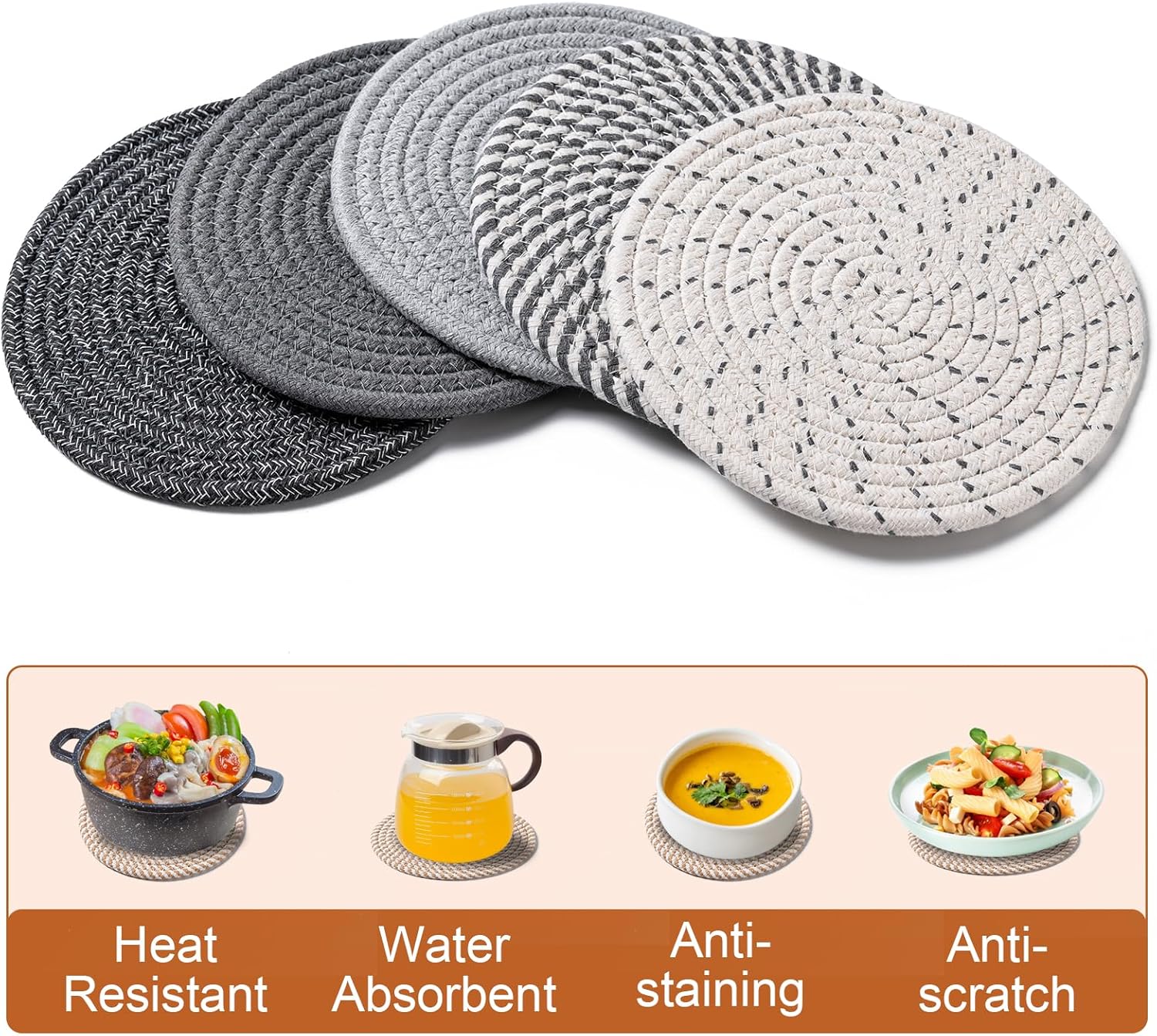 7 Inch Trivets for Hot Dishes, Pots and Pans, 5 Heat Resistant Pot Holders for Kitchen, Home Essentials, Hot Pads for Countertop and Table, Farmhouse Decor Vase Mats, Gray