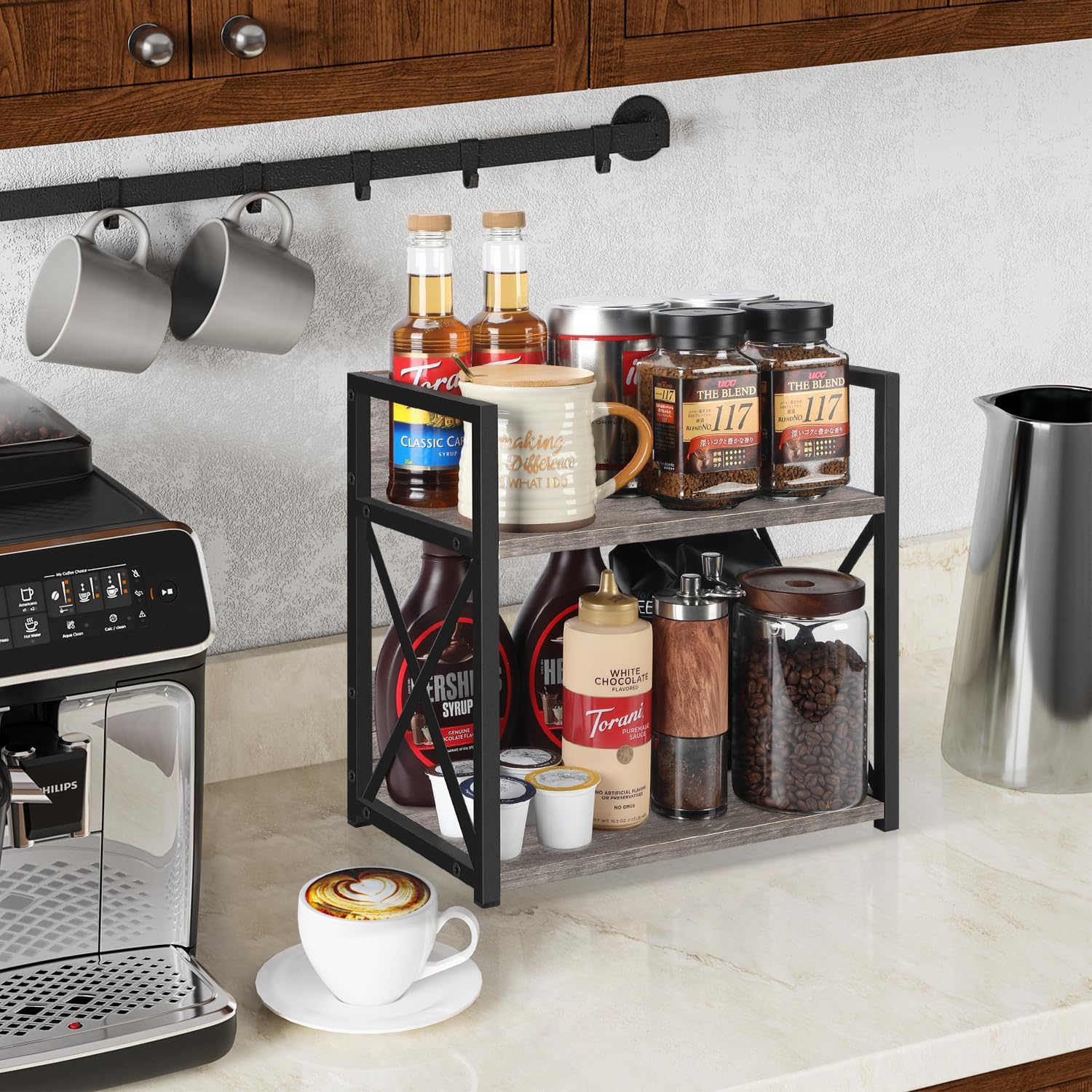 YINMIT Countertop Shelf Organizer,Coffee Bar Accessories,Spice Rack,Coffee Counter Shelf,2 Tier Coffee Organizer Station for Mugs,Cups,Cream,Syrup(Rustic Grey, Medium)