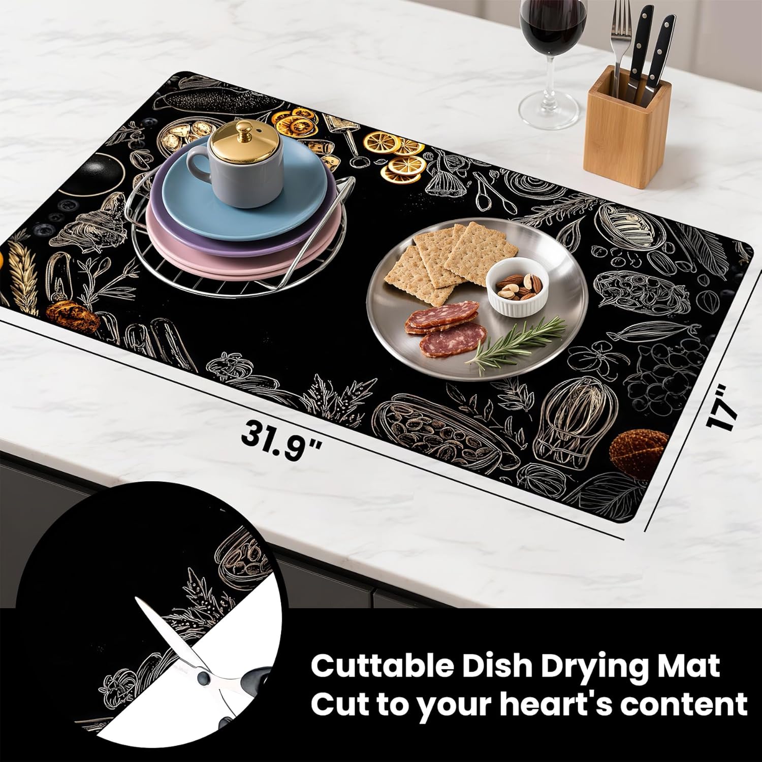 17"x 32" Coffee Bar Mat, Kitchen Ingredients Absorbent Dish Drying Mat Cuttable Hide Stain Draining Table Pad for Kitchen Counter, Coffee Bar Accessories