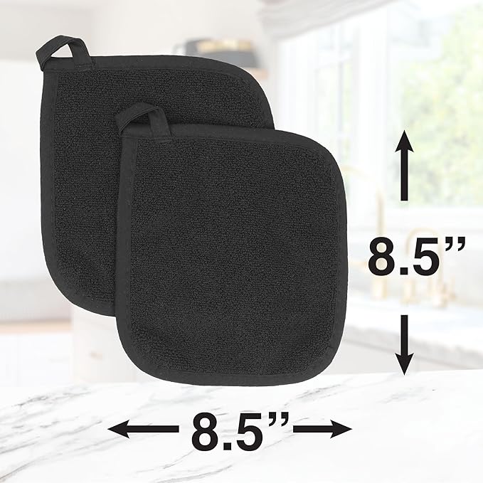RITZ Terry Potholder & Hot Pad: Unparalleled Heat Resistant, Durable 100% Cotton – Ergonomically Designed for Optimal Grip – Easy-Care Machine Washable – 4-Pack, Black