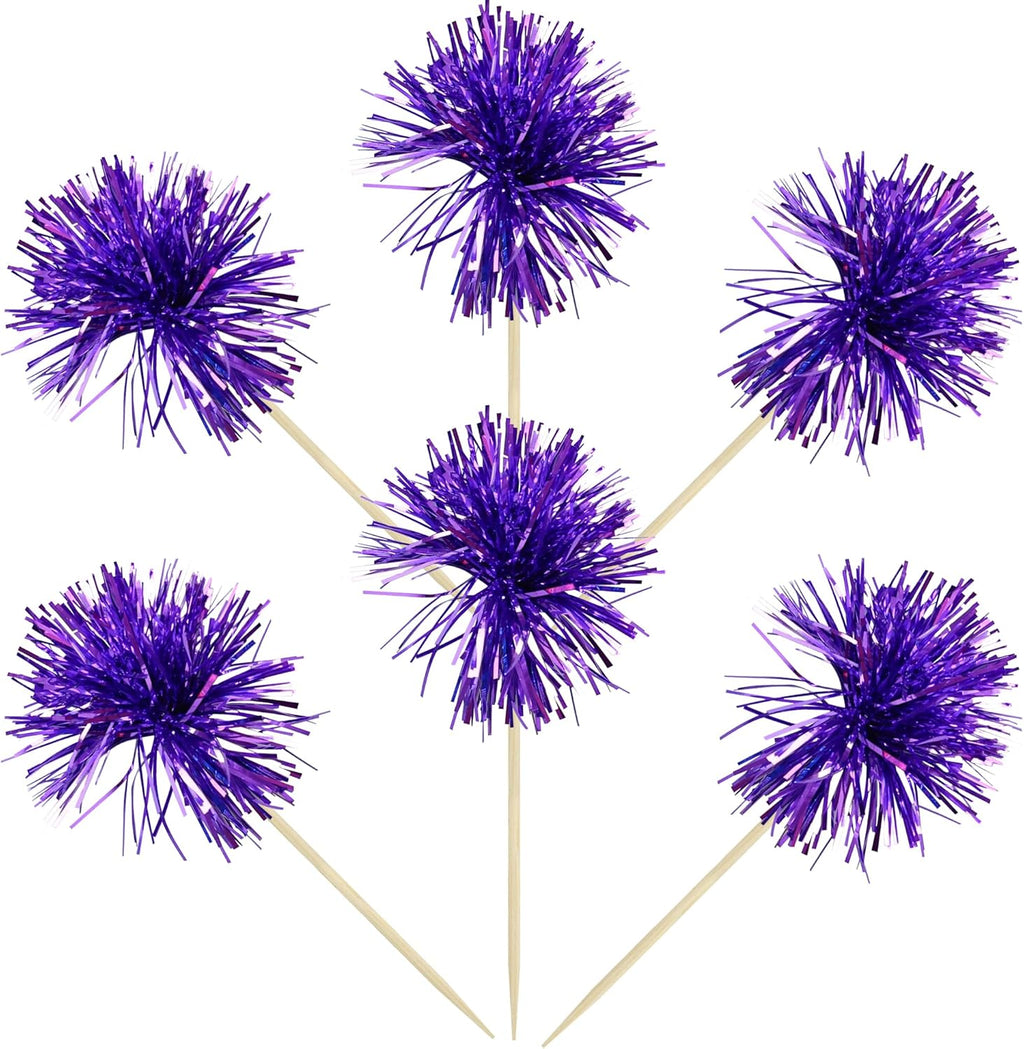 Gyufise 30Pcs Foil Firework Cupcake Toppers Sparkle Tinsel Cake Toppers Tinsel Drink Cake Decoration Cocktail Picks for Birthday Wedding Graduation Party Supplies Dark Purple