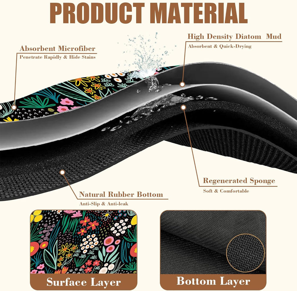 Dish Drying Mat Doodle Flower Meadow Coffee Bar Mat for Countertop Absorbent Rubber Backed Hide Stain Dish Drainer Rack Pad Coffee Pot Espresso Machine Dining Room Decoration 11.8 x 19.7 Inch