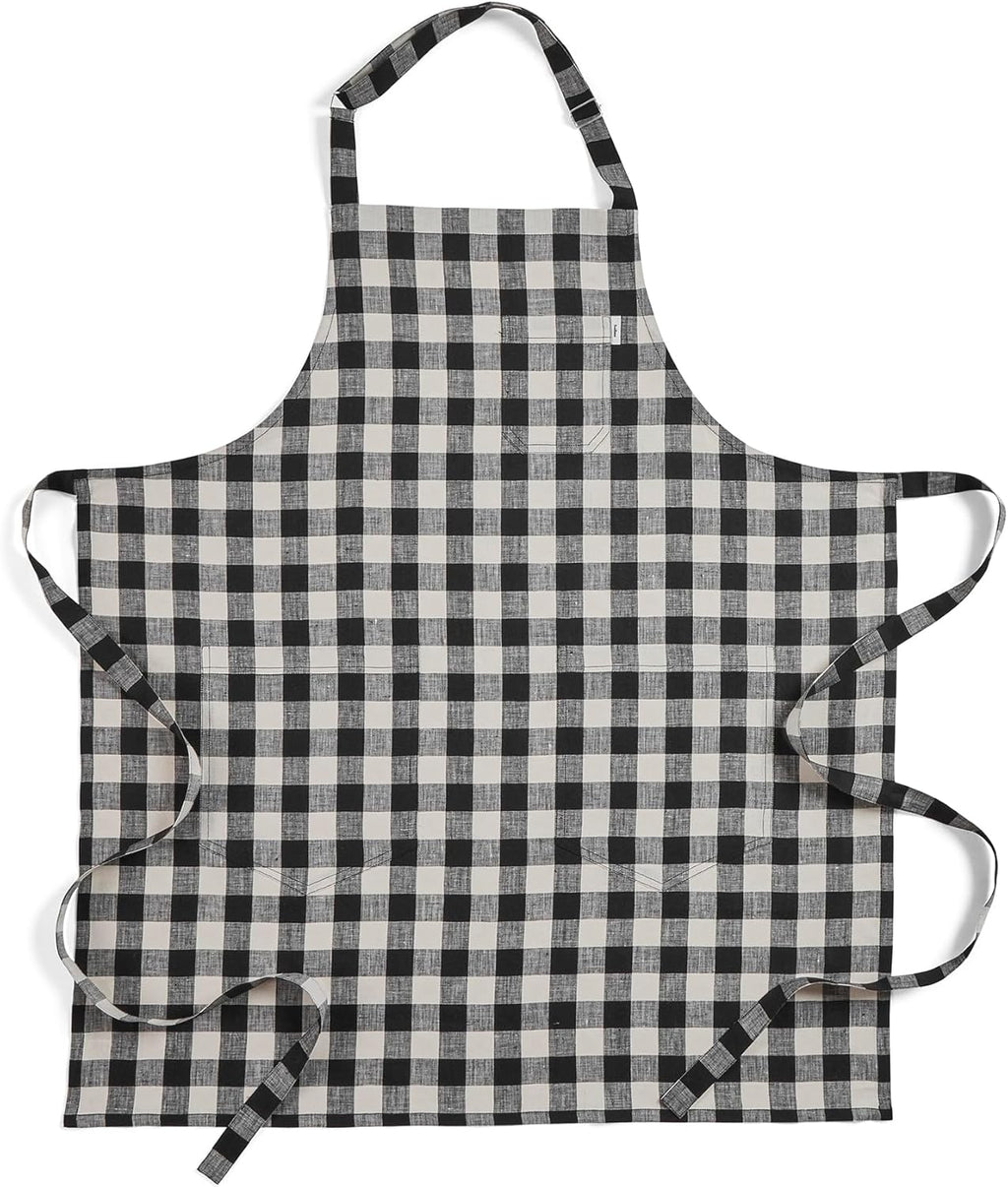 Solino Home Linen Bib Apron for Men & Women - Black and Cream Kitchen Apron with Front Pockets - Handcrafted from European Flax