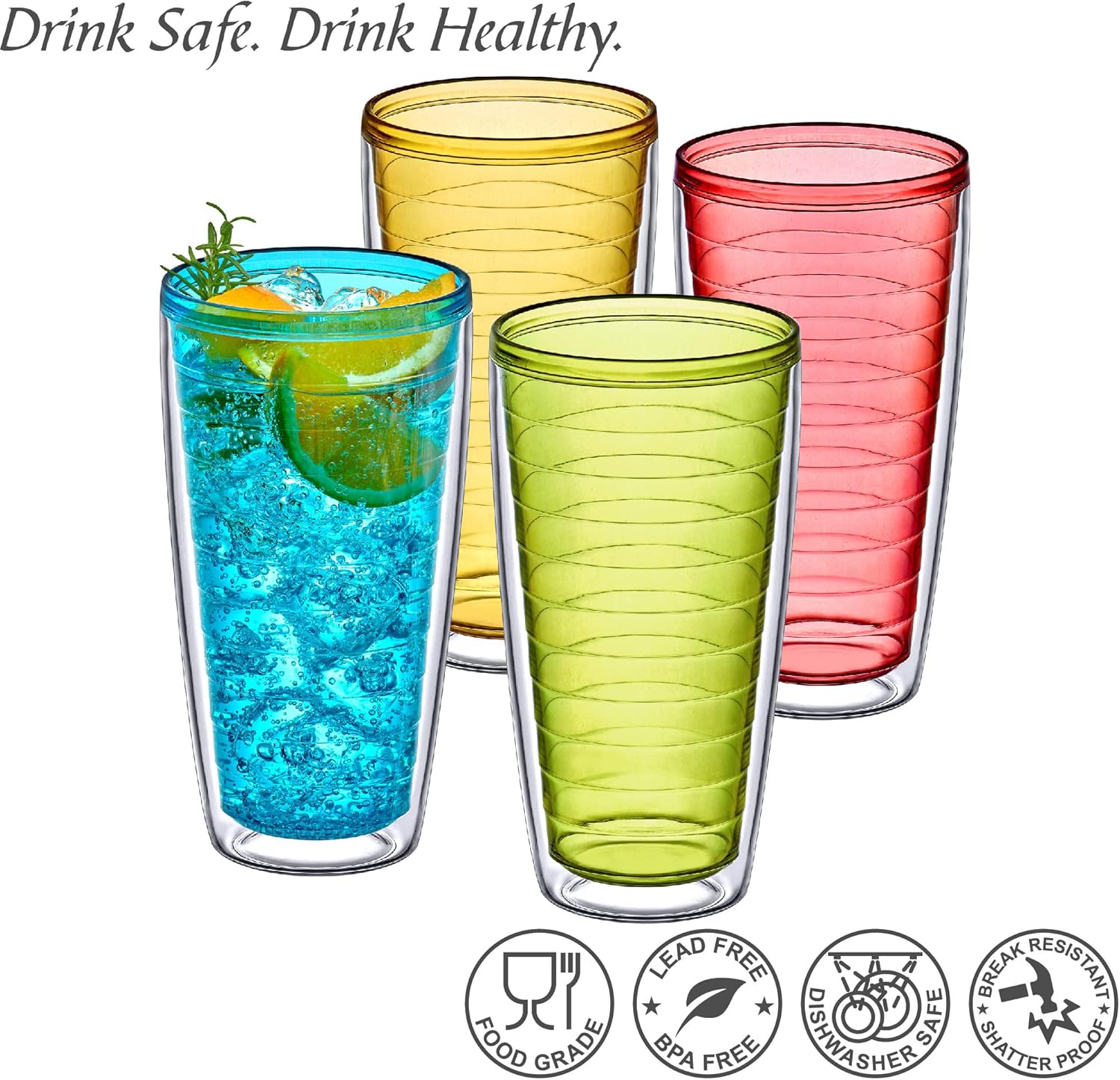 Amazing Abby - Alaska - 24-Ounce Insulated Plastic Tumblers (Set of 4), Double-Wall Plastic Drinking Glasses, Mixed-Color Reusable Plastic Cups, BPA-Free, Shatter-Proof, Dishwasher-Safe