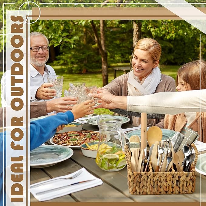 Glenmal Wicker Flatware Storage Basket Utensil Caddy Hand Woven Divided Cutlery Holder Kitchen Utensil Organizer Water Hyacinth Silverware Organizer with Handle for Countertop Party (Rectangular)