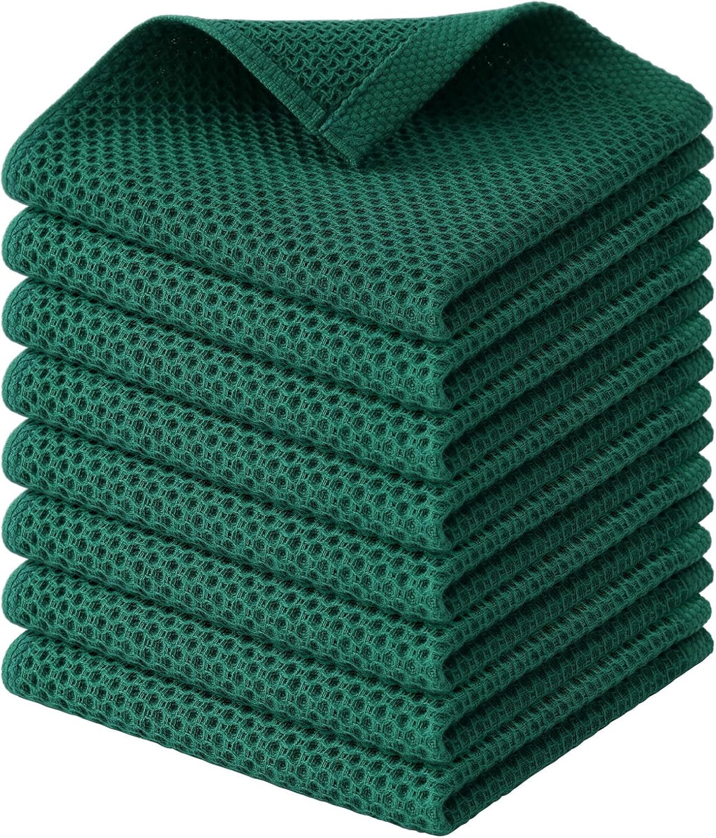 Kitinjoy 100% Cotton Kitchen Dish Cloths, 8 Pack Waffle Weave Ultra Soft Absorbent Dish Towels for Drying Dishes Quick Drying Kitchen Towels Dish Rags, 12 X 12 Inches, Dark Green