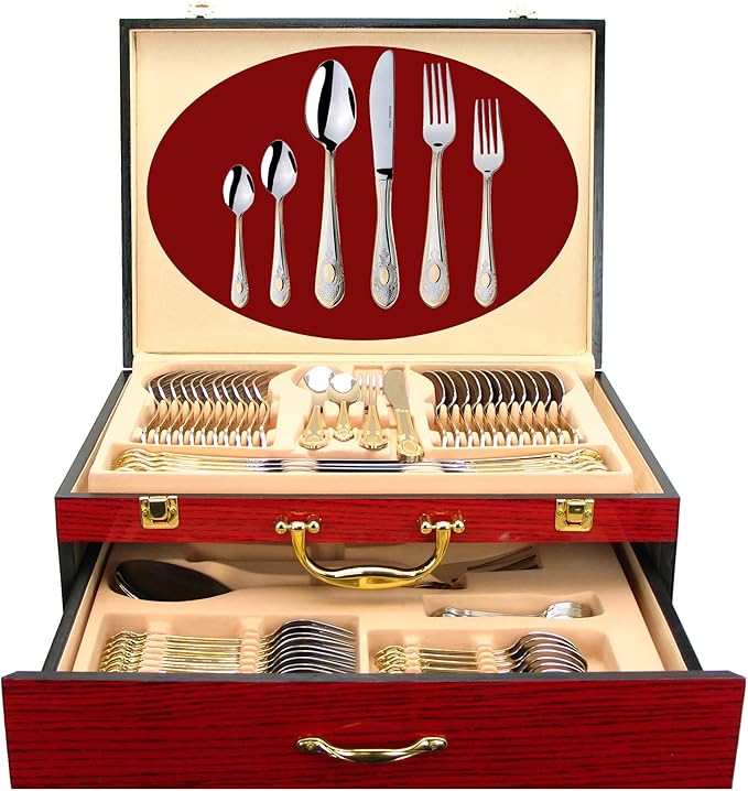 75-Pc Luxury Flatware Set for 12 w/Storage Case 24K Gold Premium Dining Cutlery Service - 18/10 Surgical Stainless Steel Silverware Hostess Serving Set in a Chest
