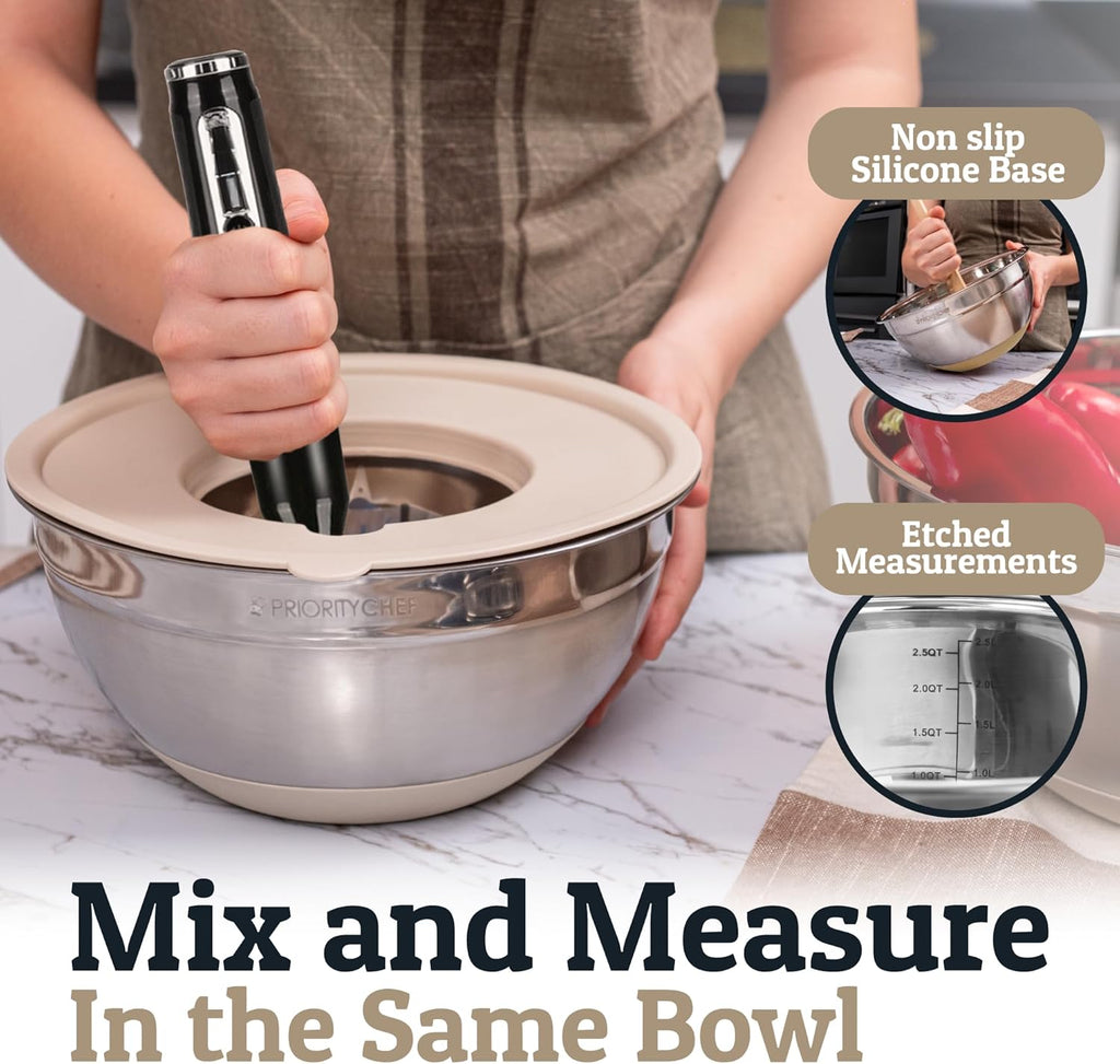 Priority Chef 6Pc Large Mixing Bowls With Lids Set with Non-Slip Bases, Stainless Steel Mixing Bowl Set, 6 Airtight Lids and 3 Graters, Khaki