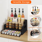 Homode 3-Tier Coffee Bar Organizer, 8 Bottle Syrup Stand with 35 Coffee Pod Storage Drawer, Rustic Wood & Metal Countertop Liquor Bottle Holder for Kitchen, Black
