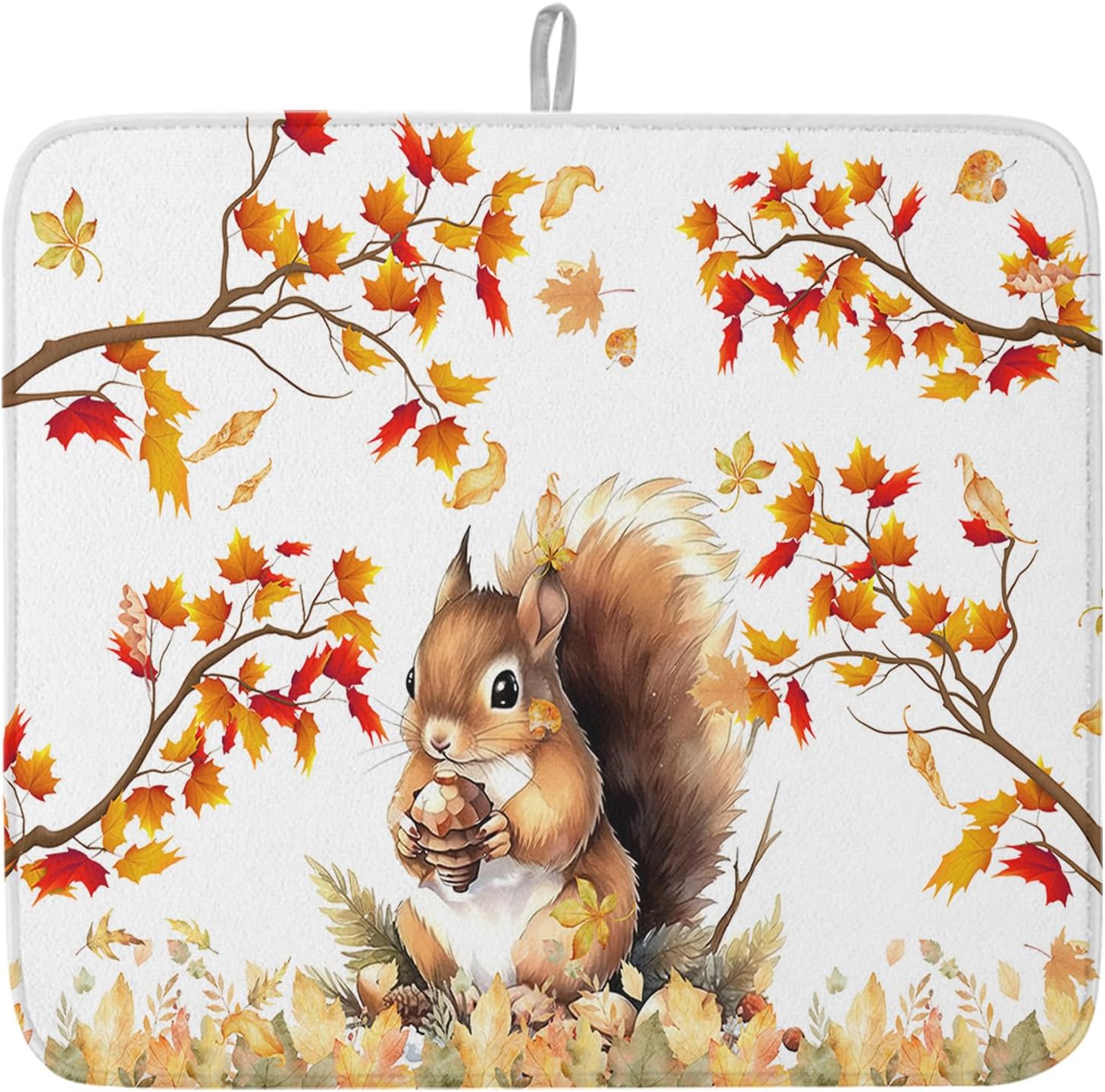 Fall Dish Drying Mat for Kitchen Counter Squirrel Drying Pad Absorbent Drying Mats for Countertops Sinks Draining Racks Pine Cone Autumn Maple Leaves Drainer Holiday Harvest Thanksgiving Decor 16x18
