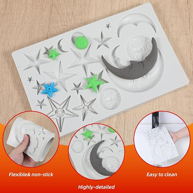 Sun Face Moon Stars Polymer Clay Molds, Silicone Fondant Mold Cake Decorating Tools, Candy Mould for Chocolate Gumpaste Sugarcraft DIY Resin Crafts
