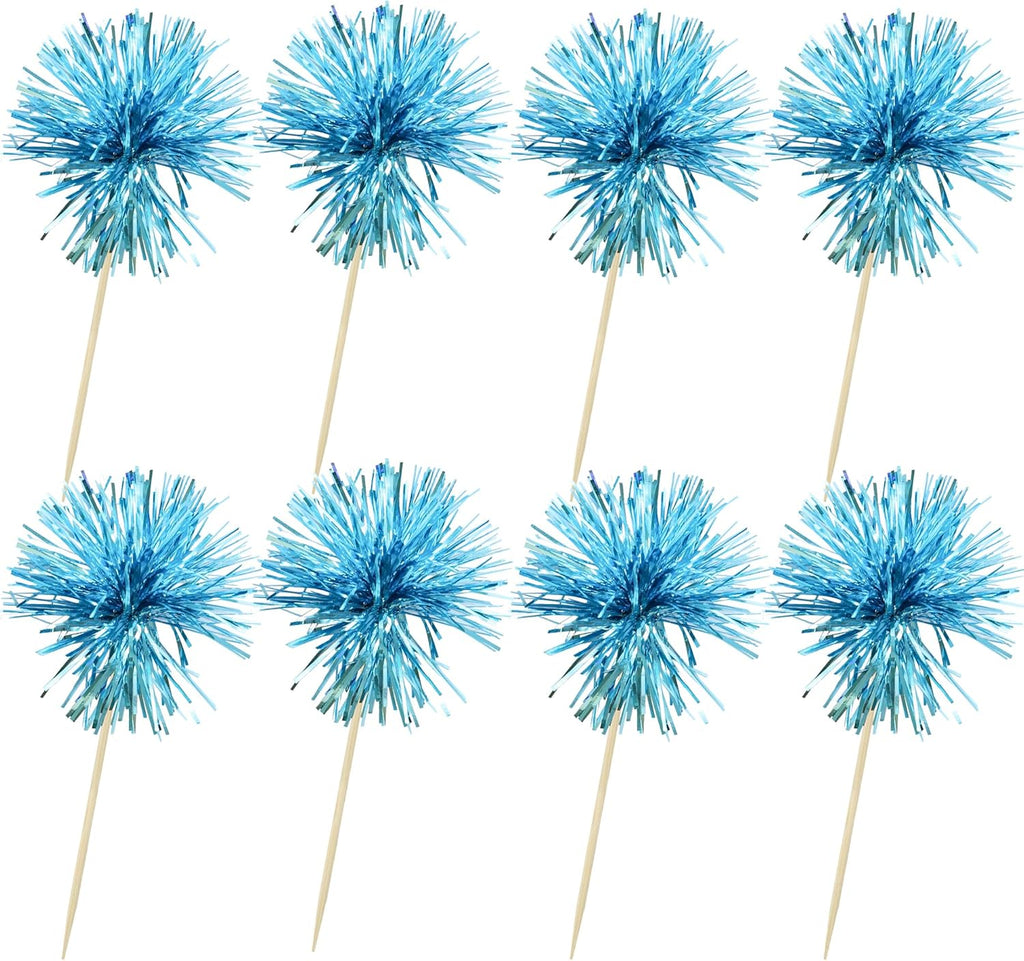 Ephlyn 30Pcs Foil Firework Cupcake Toppers Sparkle Tinsel Cupcake Picks Happy Birthday Cake Toppers Drink Stirrers Cocktail Food Toothpicks for Baby Shower Birthday Party Supplies Lake Blue