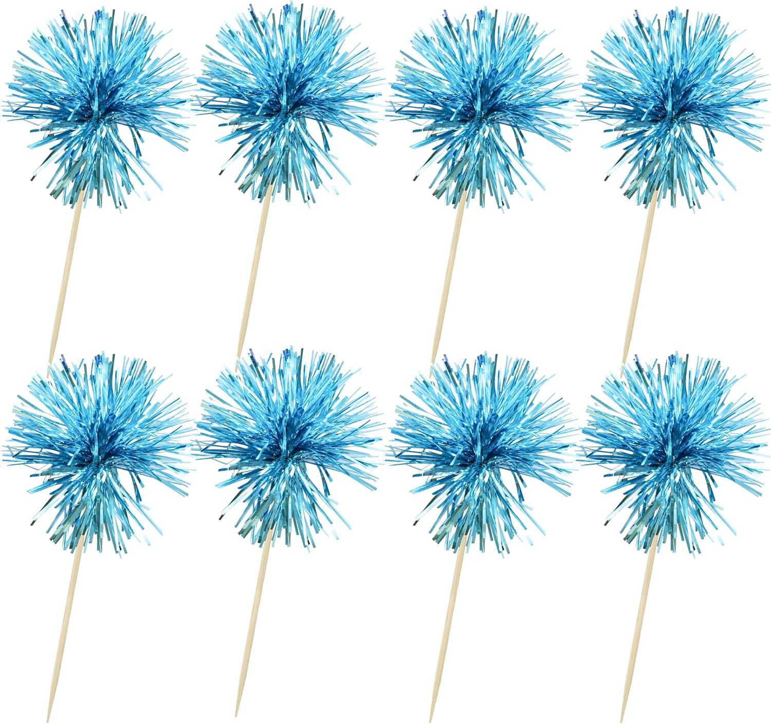 Ephlyn 30Pcs Foil Firework Cupcake Toppers Sparkle Tinsel Cupcake Picks Happy Birthday Cake Toppers Drink Stirrers Cocktail Food Toothpicks for Baby Shower Birthday Party Supplies Lake Blue
