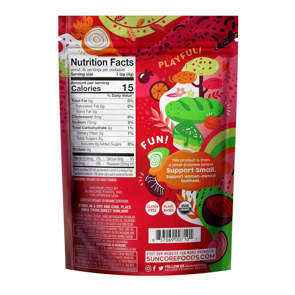 Suncore Foods Organic Red Beet Powder, Red Food Coloring Powder, Gluten-Free, Non-GMO, 5oz (1 Pack)
