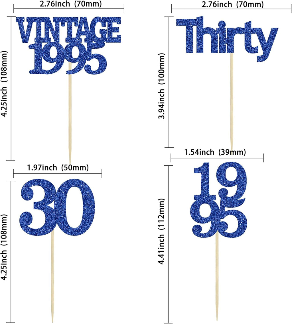 Gyufise 24Pcs Vintage 1995 Cupcake Toppers Cheers to 30 Fabulous Thirty Cupcake Picks Decorations for 30th Birthday Wedding Anniversary Party Supplies Deep Blue